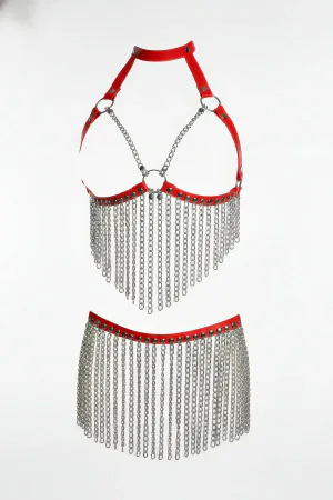 Red Faux Leather Chain Fringe Halter Harness and Skirt Set