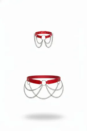 Red Faux Leather Waist Harness with Draped Chains, silver O-ring hardware