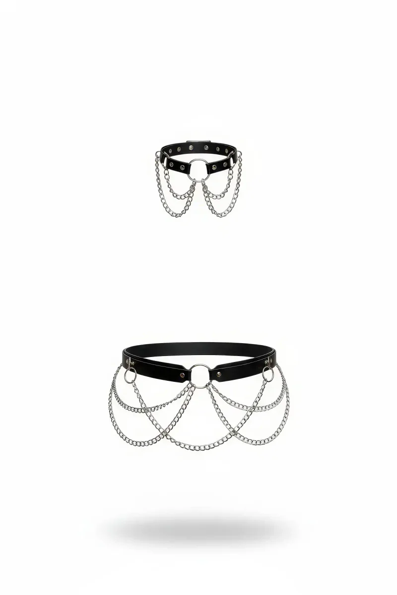 Black Faux Leather Waist Harness Draped Chains O-Ring