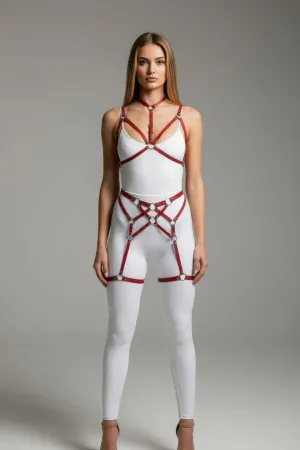 Red Faux Leather Body Harness with Silver O-Rings, Multi-Strap Design over White Bodysuit