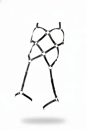 Black Faux Leather Caged Full Body Harness Women with Silver O-Rings and Adjustable Thigh Garters