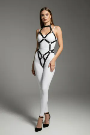 Black Faux Leather Full Body Harness with O-Ring Accents