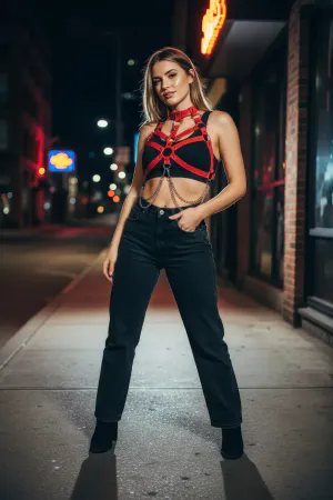 Red Faux Leather Body Harness with Choker and Waist Chains