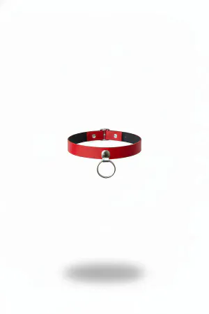 Red Faux Leather Choker with Silver O-Ring Detail