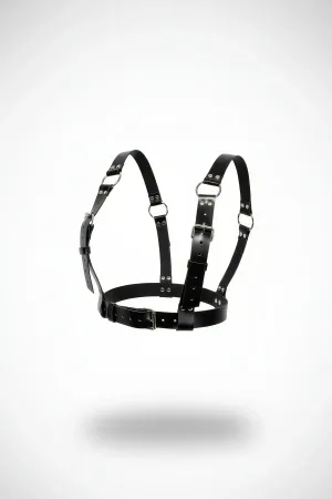 Black vegan leather adjustable chest harness with dual buckle shoulder and waist straps
