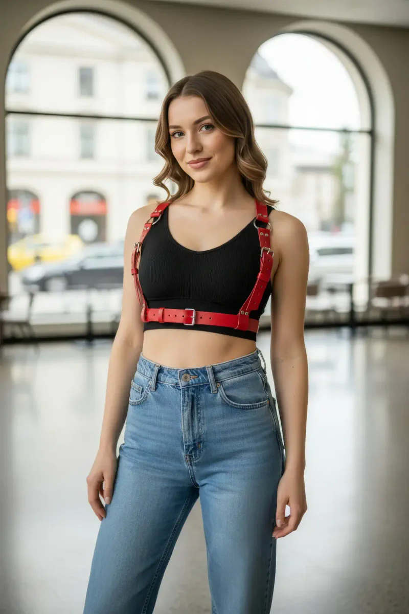 Red Body Harness Fashion close-up with