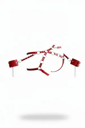 Red Faux Leather Body Harness with O-Ring Details and Detachable Chains