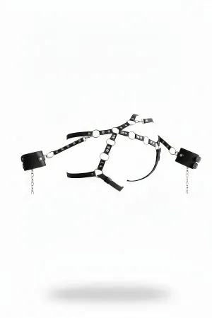 Black Faux Leather Chest Harness with Detachable Cuff Chains and Silver O-Rings