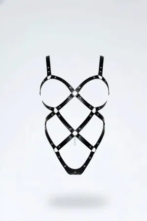 Siyah Faux Leather Body Harness Gümüş Metal Halka Detaylı Çapraz Yapılı