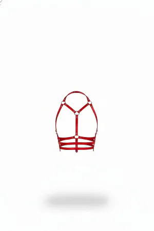 Red Faux Leather Underbust Cage Harness with Silver O-Ring Details