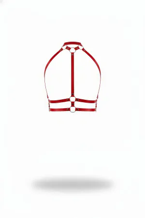 Red Faux Leather Halter Body Harness O-Ring Double Underbust Straps