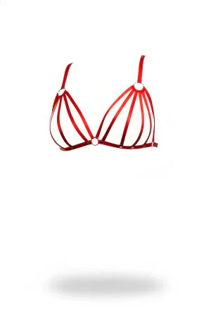 Red Caged Harness Bra Vegan Leather O-Ring Details