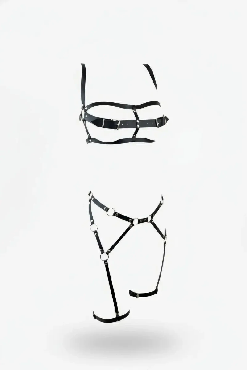 Siyah Faux Leather Harness Takım Siyah Parlak O-Ring Detaylı Bel ve Bacak Destekli