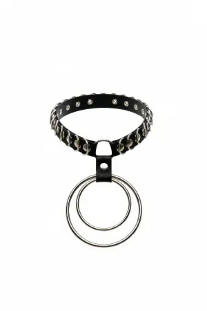 Black Faux Leather Choker with Silver Studs and Double O-Ring Pendant