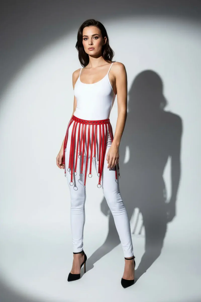 Model wearing Red O-Ring Fringe Waist Harness