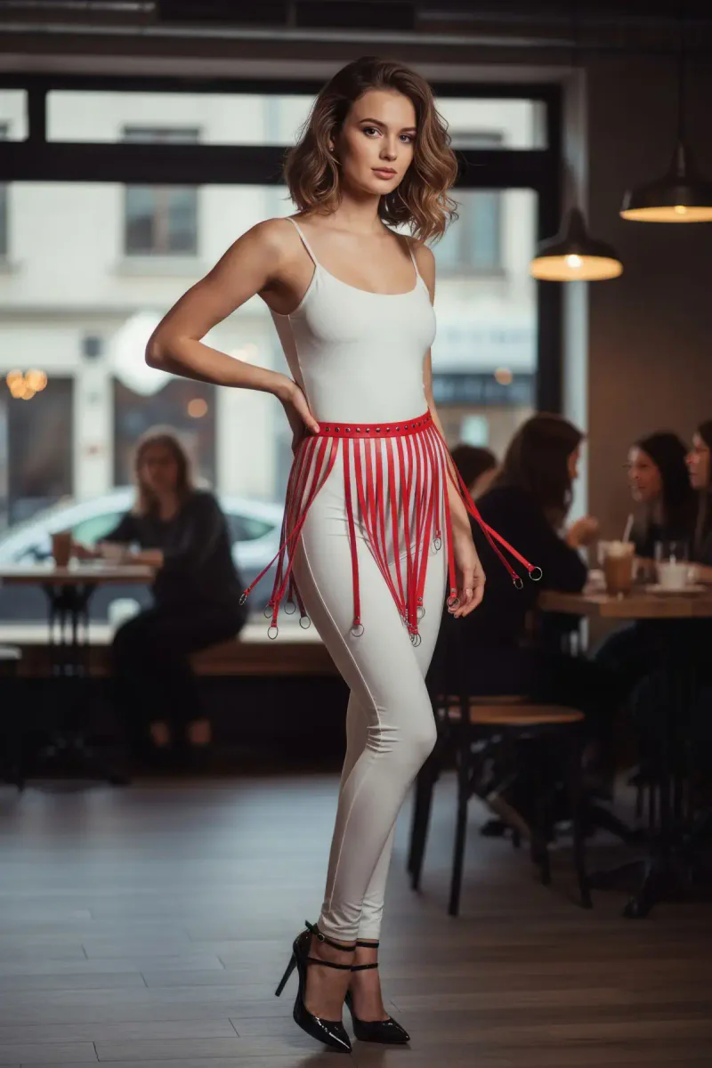 Red faux leather waist harness O-ring fringe detail on white leggings