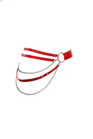 Red Faux Leather Waist Harness with Layered Silver Chains and O-Ring