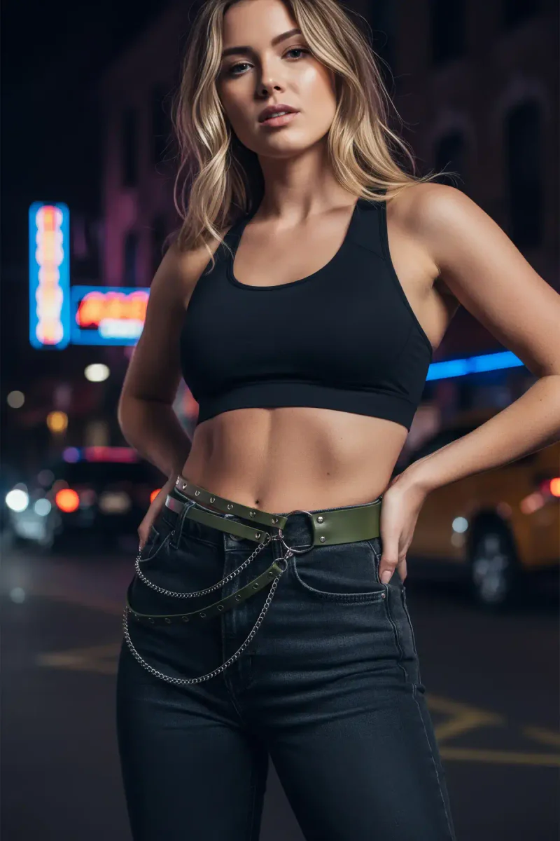 Studded Fashion Belt Khaki Close
