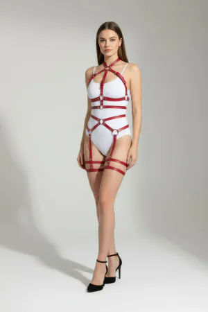 Red Faux Leather Full Body Harness Women O-Ring Garter Straps