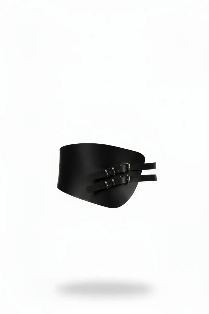 Black Faux Leather Wide Corset Belt Double Buckle Front View