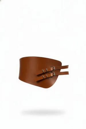 Tan Vegan Leather Corset Waist Cinch Belt with Double Silver Buckles