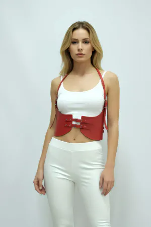 Red Faux Leather Underbust Harness Triple Buckles Fashion Accessory