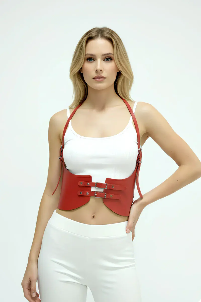 Red Vegan Leather Harness Close