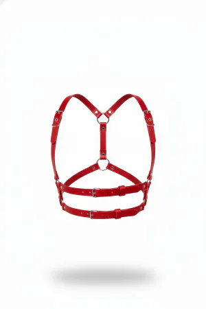 Red Faux Leather Chest Harness O-Ring Detail Adjustable Straps