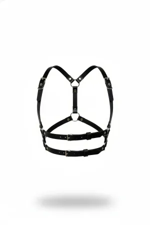 Black Faux Leather Double-Strap Chest Harness Adjustable Silver O-Ring Details