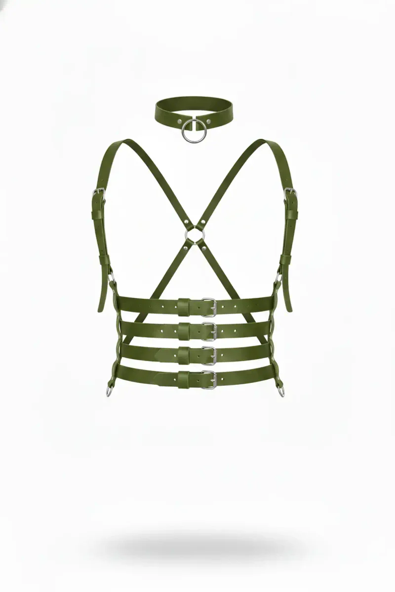 Khaki Vegan Leather Multi-Buckle Chest Body Harness with Choker and Silver Hardware