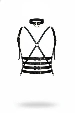 Black Faux Leather Multi-Strap Chest Harness with O-Ring Choker Set