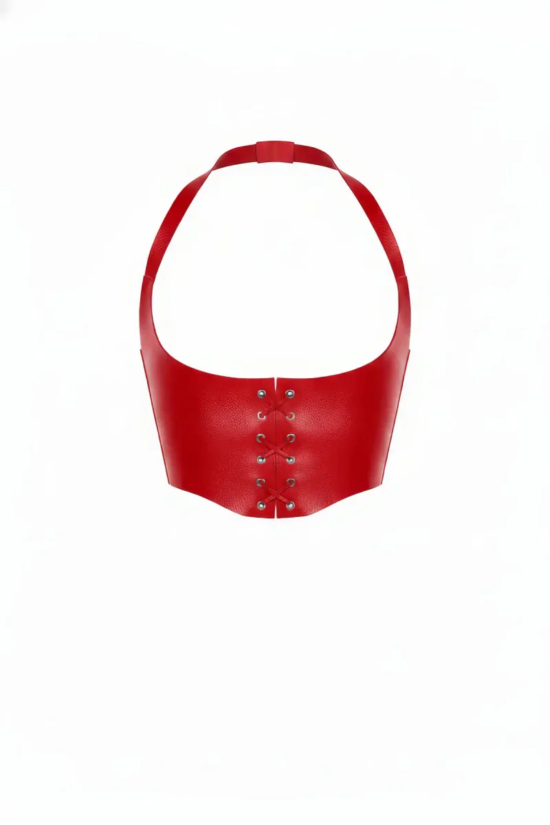Red Faux Leather Halter Neck Corset Top Front Lace-Up Detail