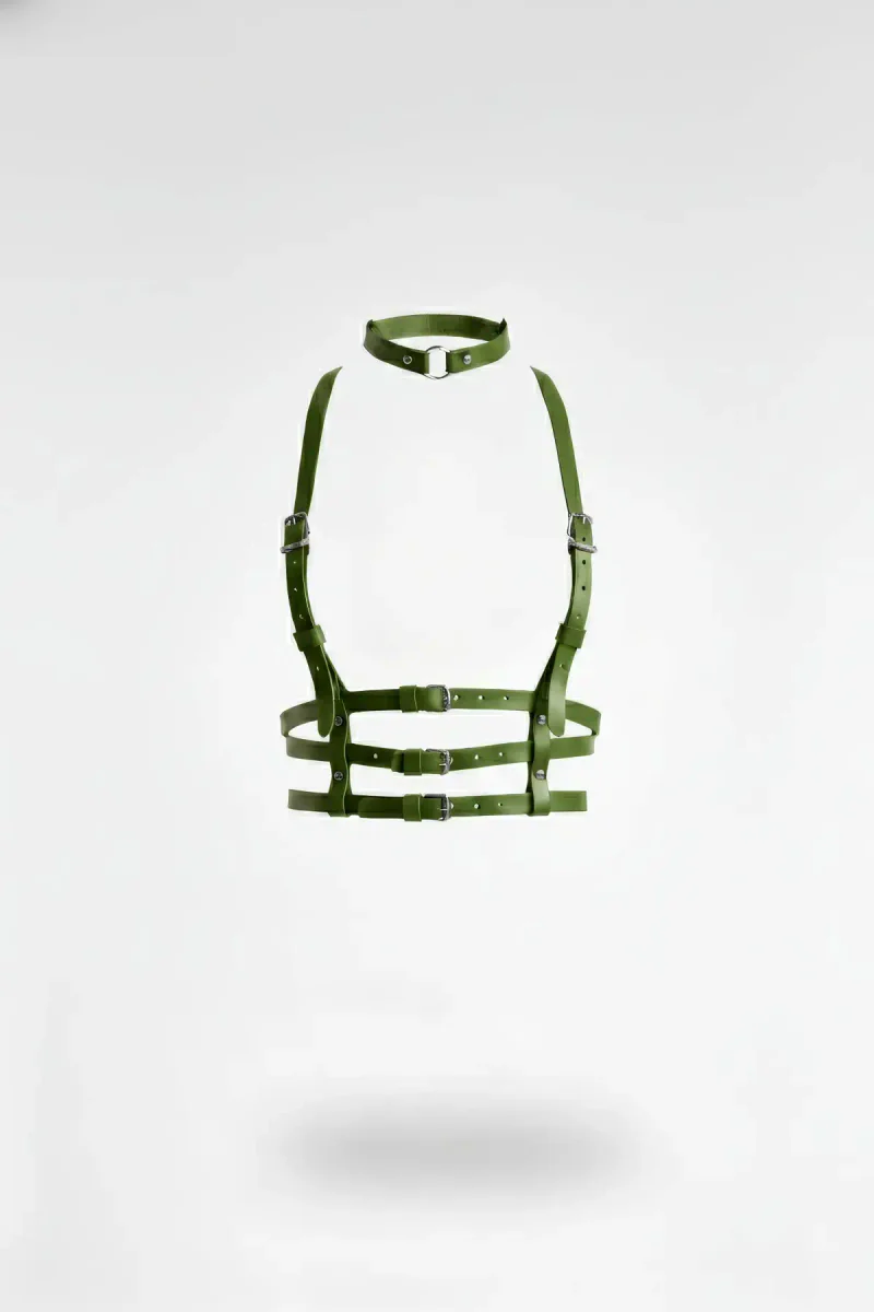 Olive Green Faux Leather Underbust Harness Choker Set with Buckles