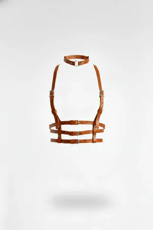 Tan Faux Leather Chest Harness with Choker Silver Hardware