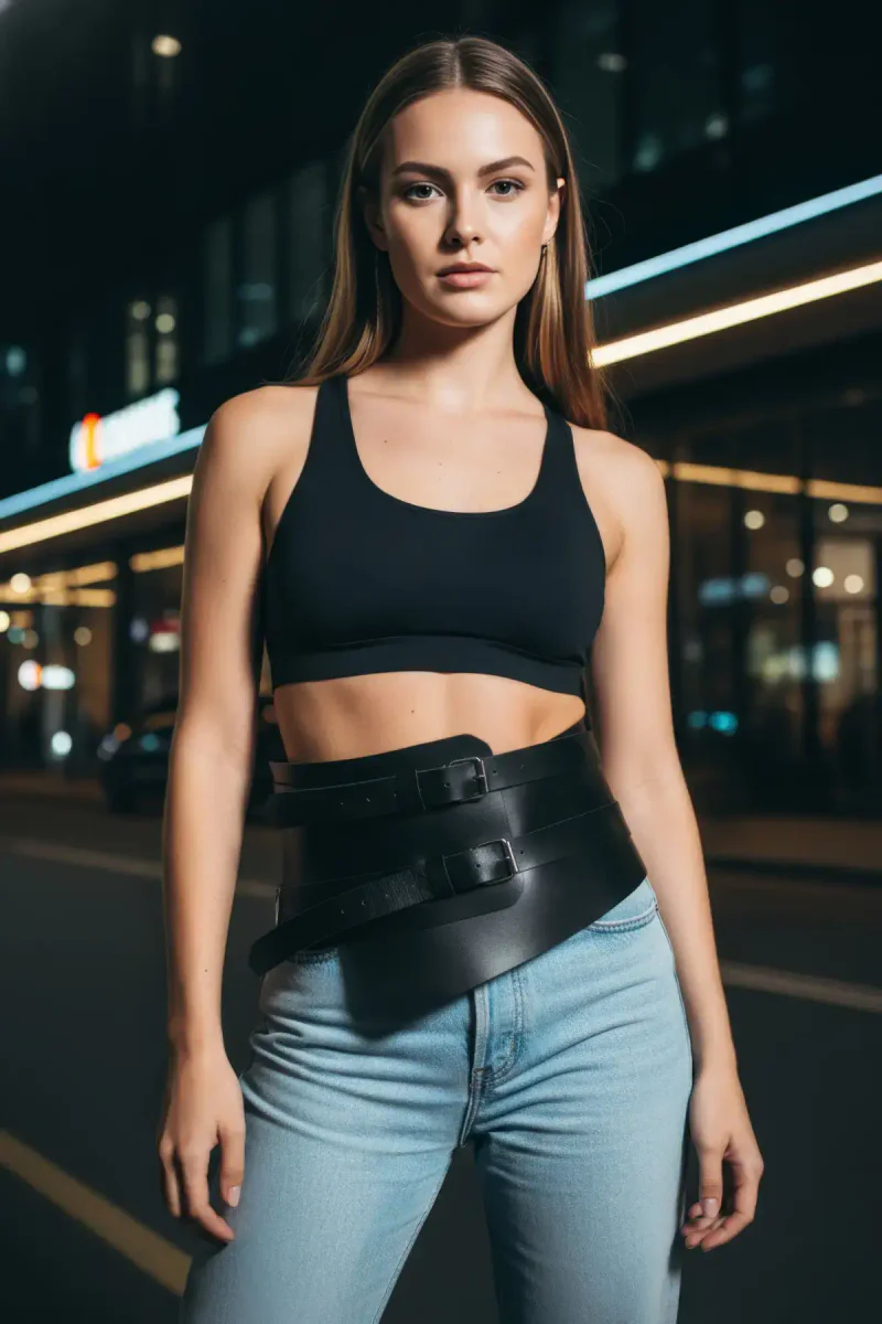 Black Asymmetric Faux Leather Waist Harness with Double Buckles Worn over Jeans
