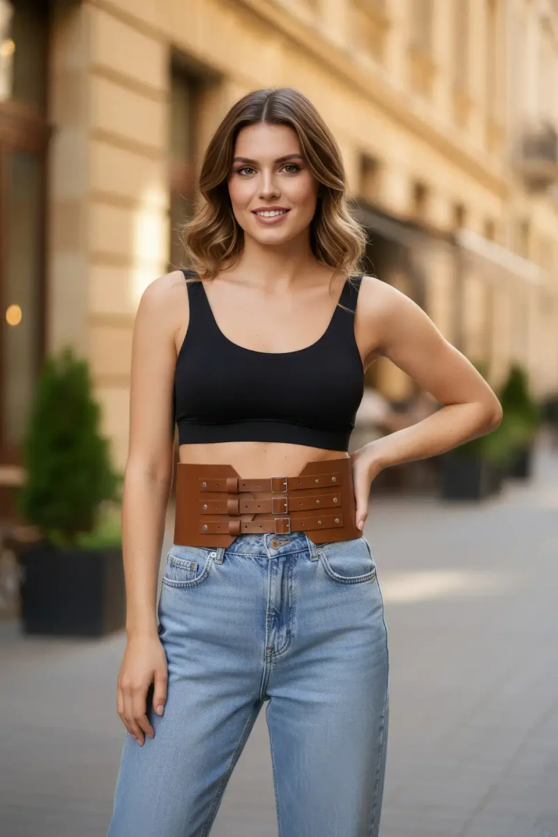 Tan Faux Leather Waspie Waist Belt with Three Buckles