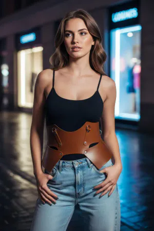 Brown Faux Leather Waist Harness Sculpted Peplum Silhouette O-Ring Details
