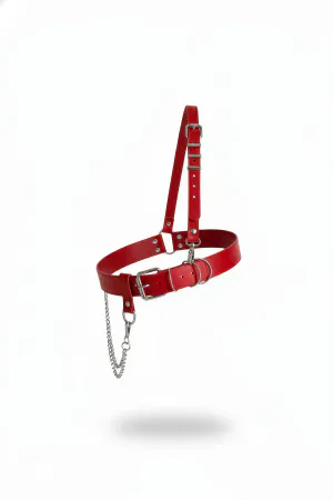 Red Faux Leather Waist Harness with Adjustable Shoulder Strap and Silver Chain