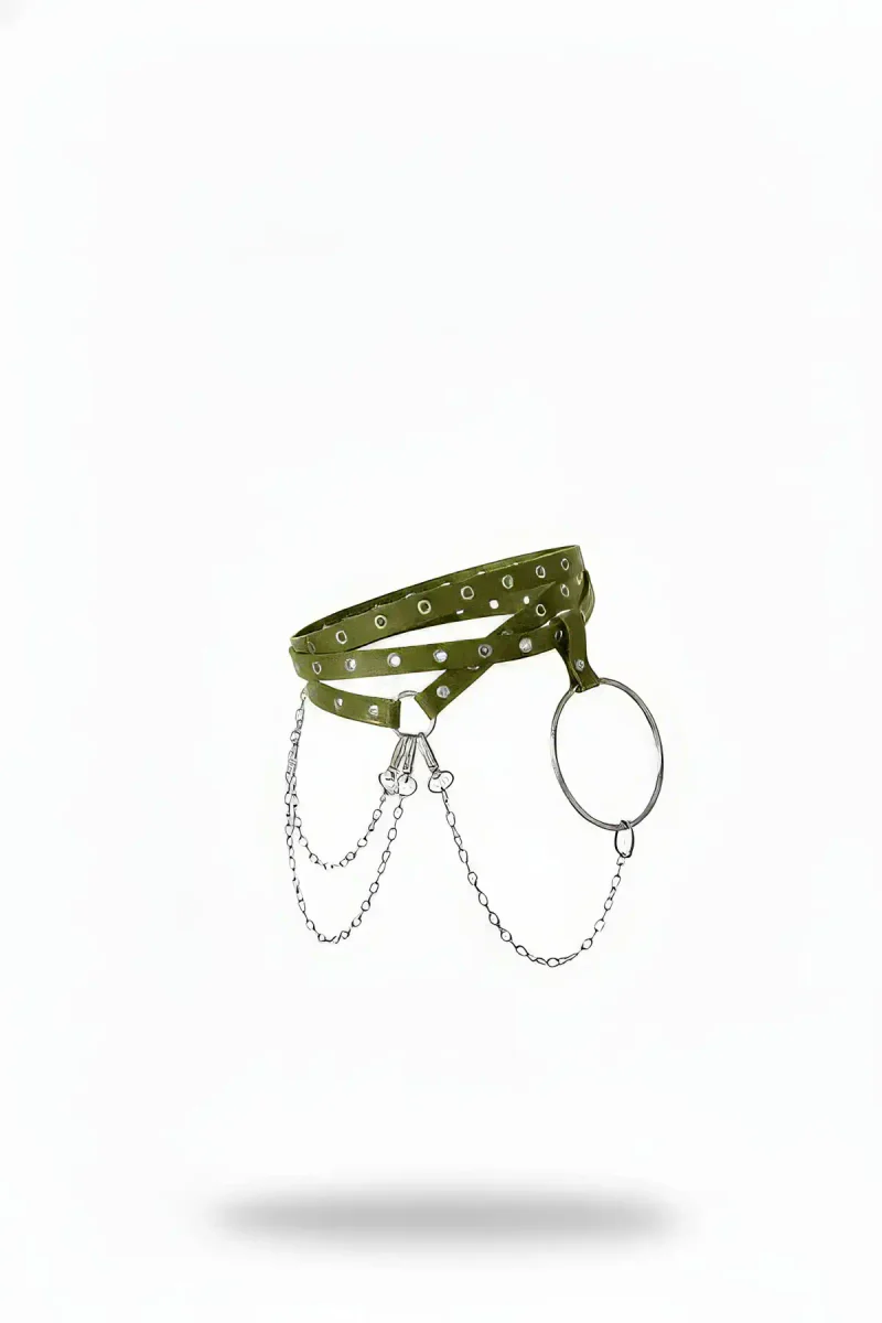 Olive Green Faux Leather Waist Harness with Silver Grommets and Draped Chains