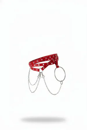 Red Faux Leather Studded Waist Harness with O-Ring and Draped Chains