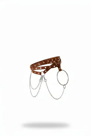 Tan Faux Leather Waist Harness with Silver Grommets, O-Ring and Chains