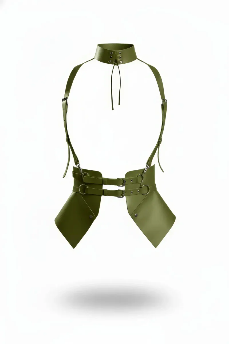 Olive Green Vegan Leather High Collar Body Harness with Draped Hip Panels