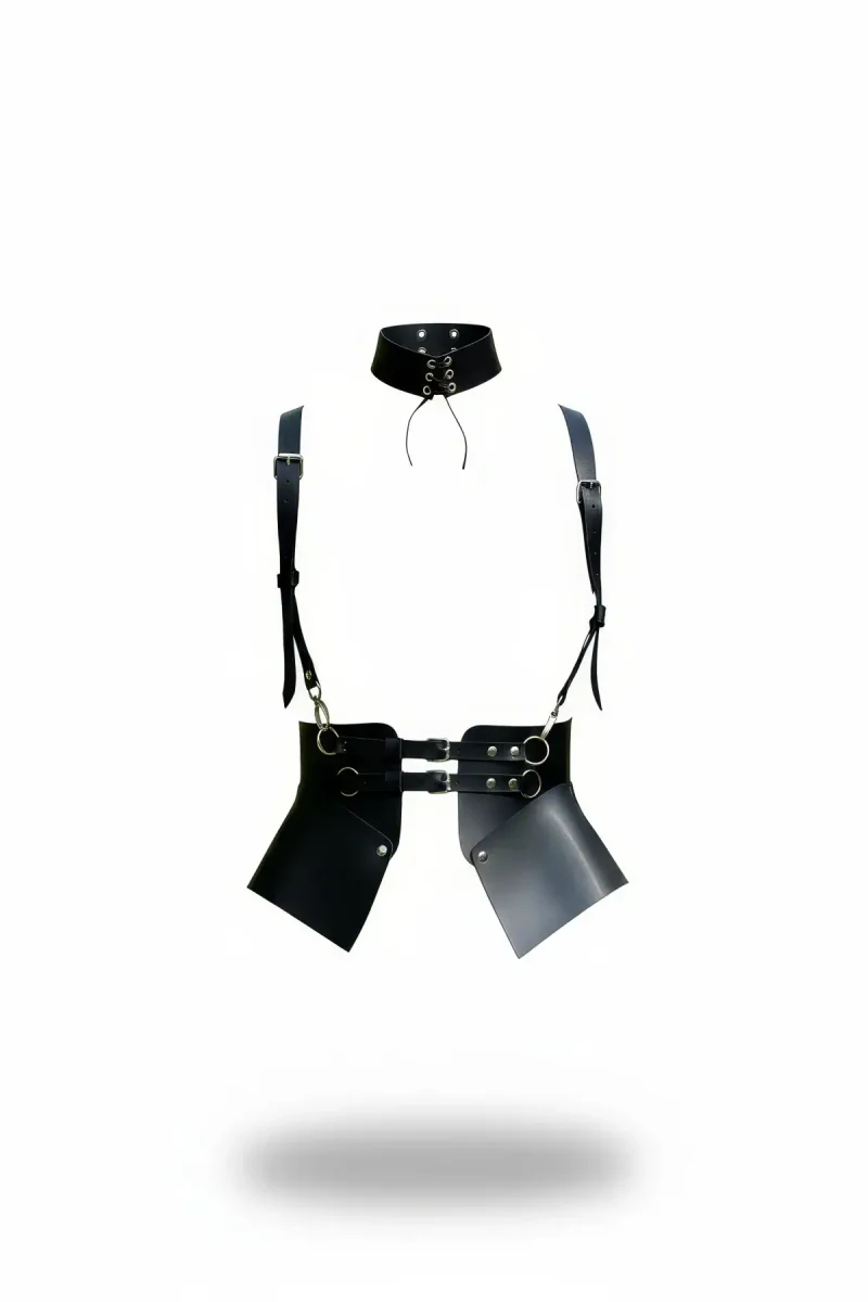Black Faux Leather Choker Harness with Detachable Skirt Panels and Waist Belt
