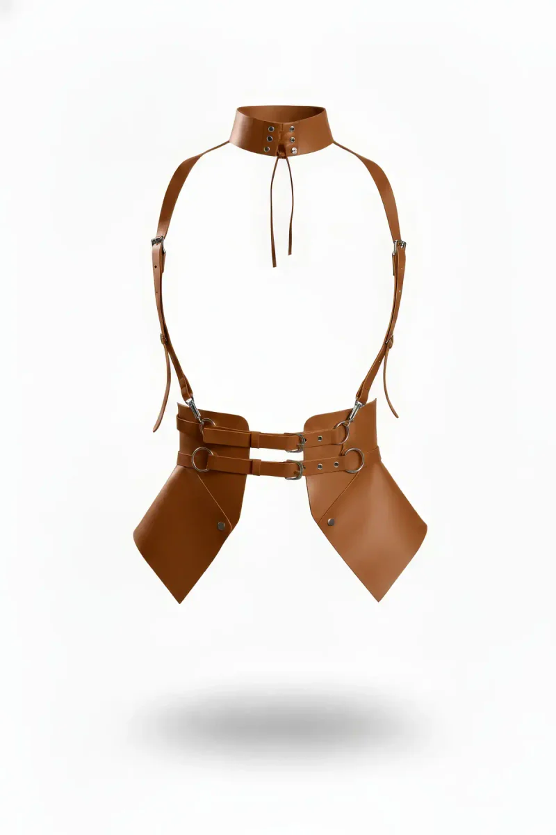 Tan Faux Leather Underbust Harness Corset with High Neck Choker