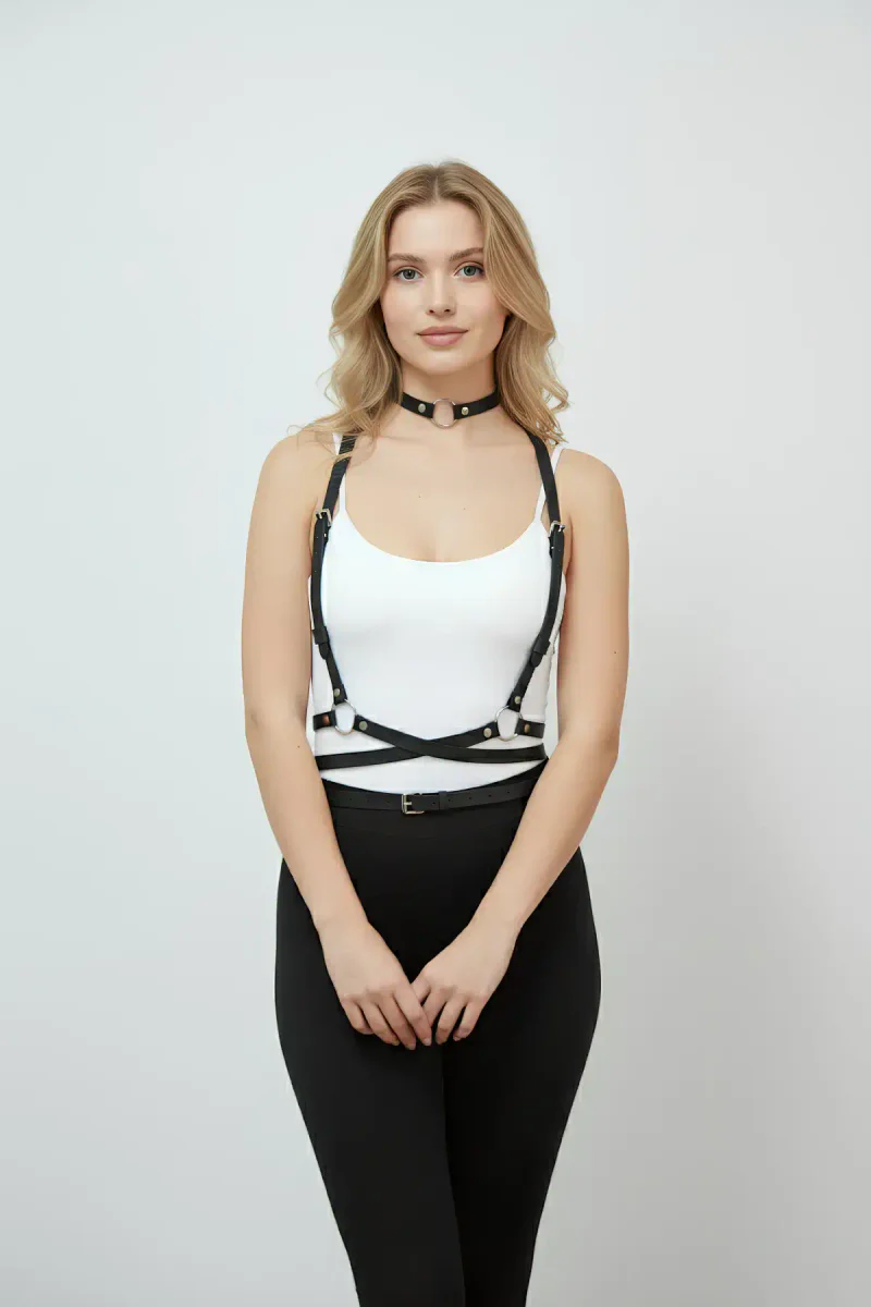 Black Vegan Leather Harness Front