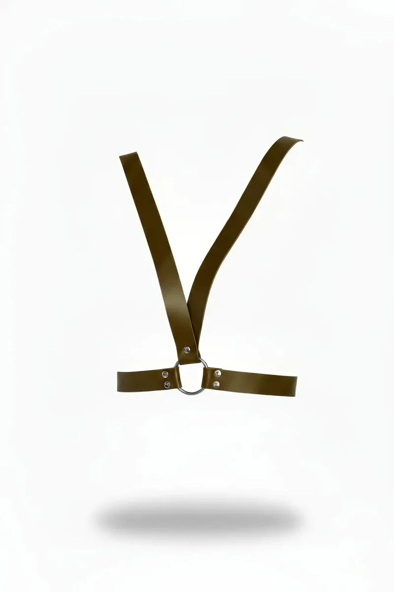 Olive Faux Leather Chest Harness with Silver O-Ring Detail
