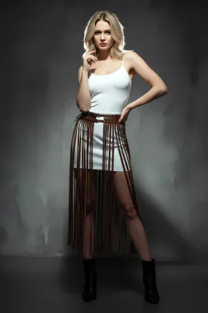Brown Faux Leather Fringe Waist Harness Skirt Overlay Studded Buckle Detail