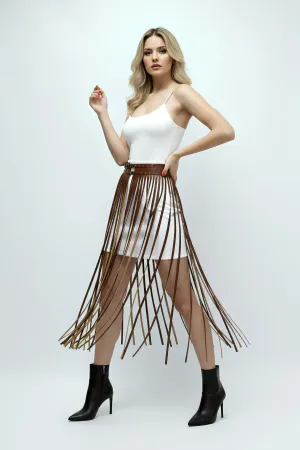 Brown Faux Leather Fringe Waist Harness Skirt Overlay Studded Buckle Detail