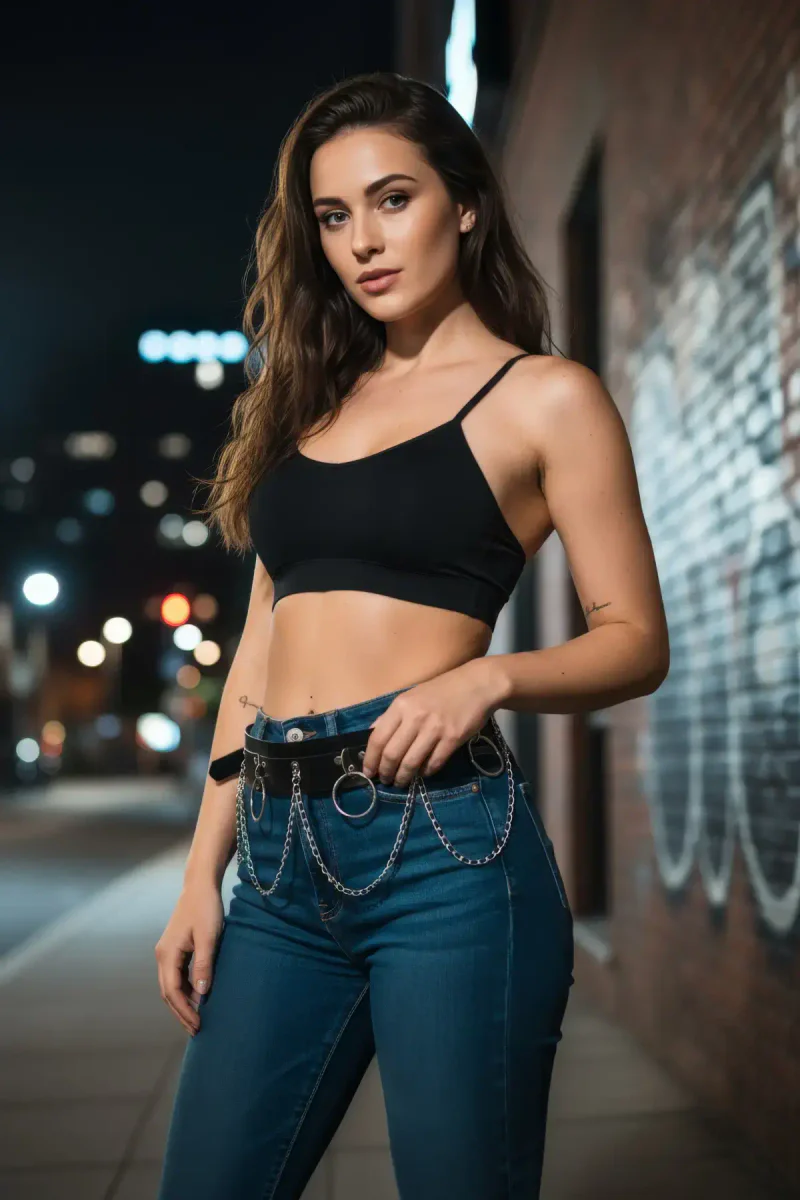 Black faux leather O-ring belt close