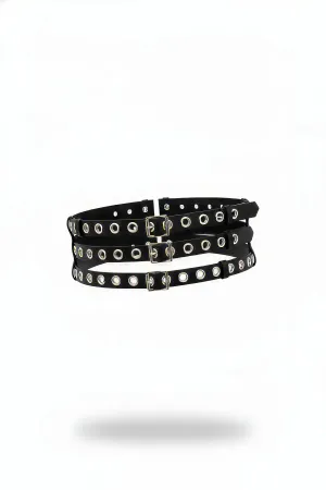 Black Faux Leather Triple-Strap Eyelet Waist Harness with Silver Buckles